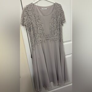 Lace Bodice Short Sleeve A-Line Dress - Taupe